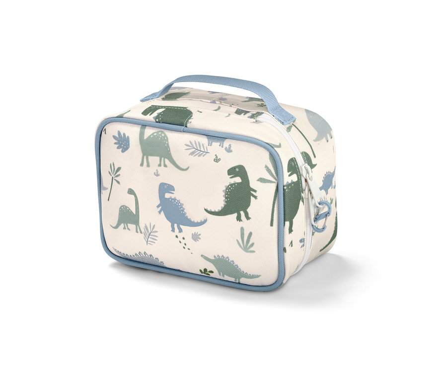 Négyzet alakú gyógyszeres táska kék szegéllyel és dinoszaurusz mintával fehér háttéren.