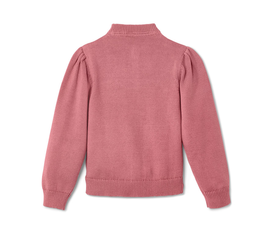 Egy rózsaszín kislány kötött kardigán részlete.