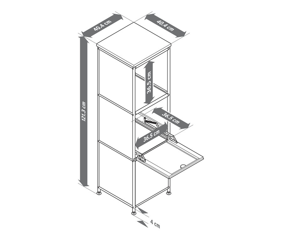 Egy keskeny, fehér »CN3« fém komód rajza fa tetőlappal és 2 lenyíló ajtóval.