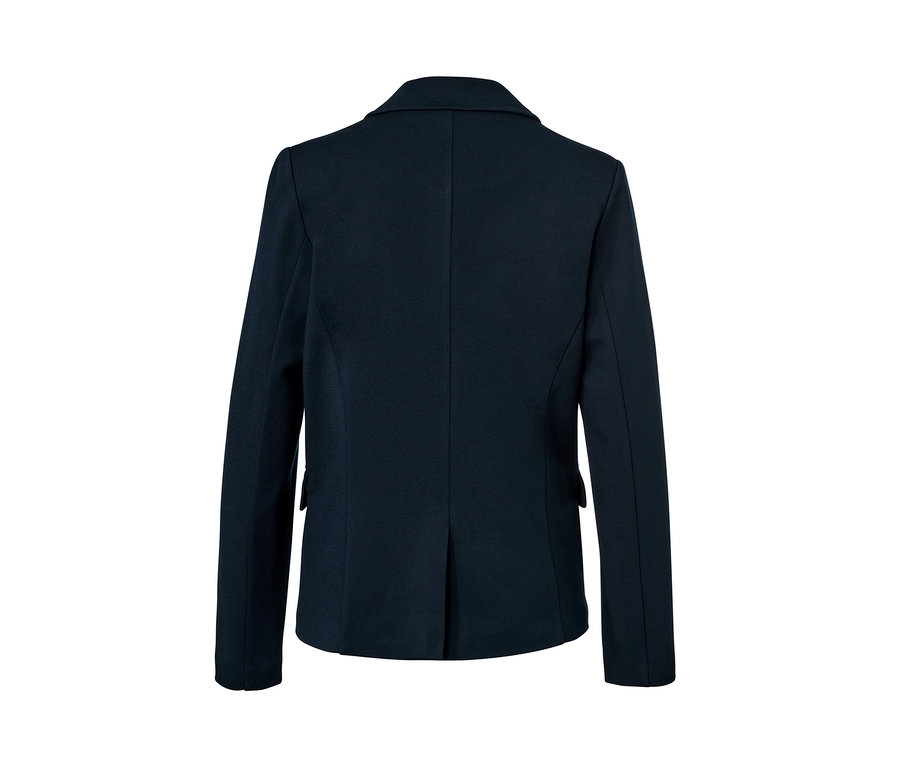 A sötétkék Női jersey blézer hátulnézete.