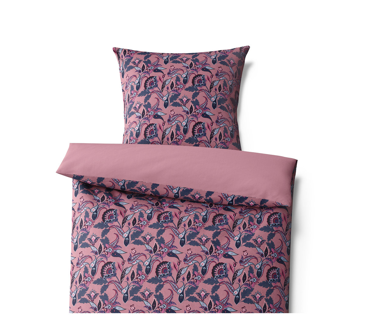 Rózsaszín virágos és leveles mintázatú téli jersey ágynemű.