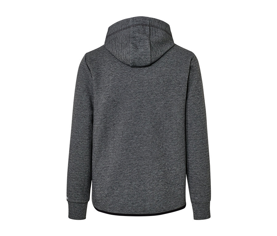 Hátulnézet egy szürke férfi funkcionális szabadidőfelsőről, kapucnival.