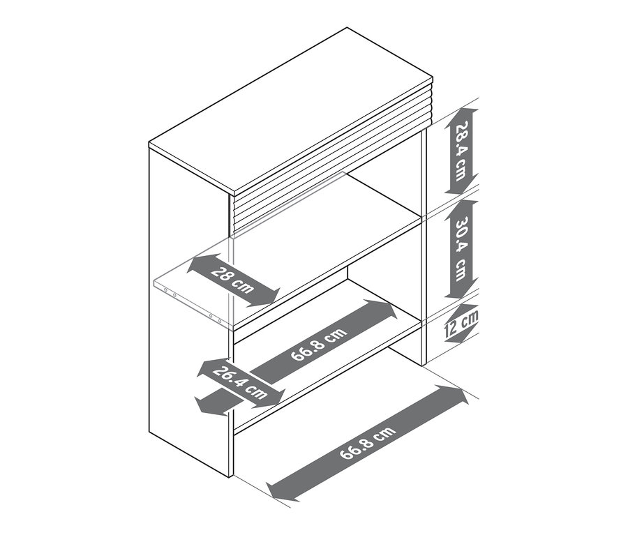 Egy fiókos konzolasztal sematikus ábrája méretekkel.