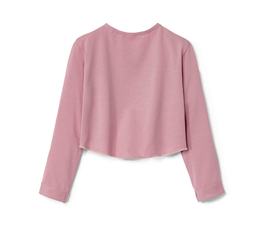 Rózsaszín bababoleró hosszú ujjakkal, fehér háttérrel.