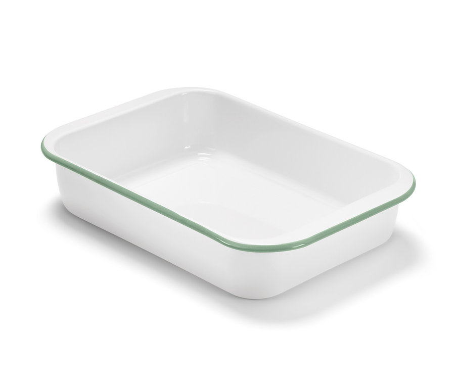 Fehér zománcozott sütőforma zöld szegéllyel.