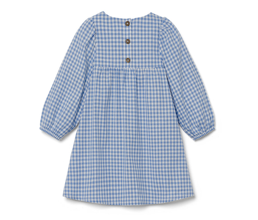 Kék kockás kislány szövött ruha, hosszú ujjakkal és gombokkal a hátán.