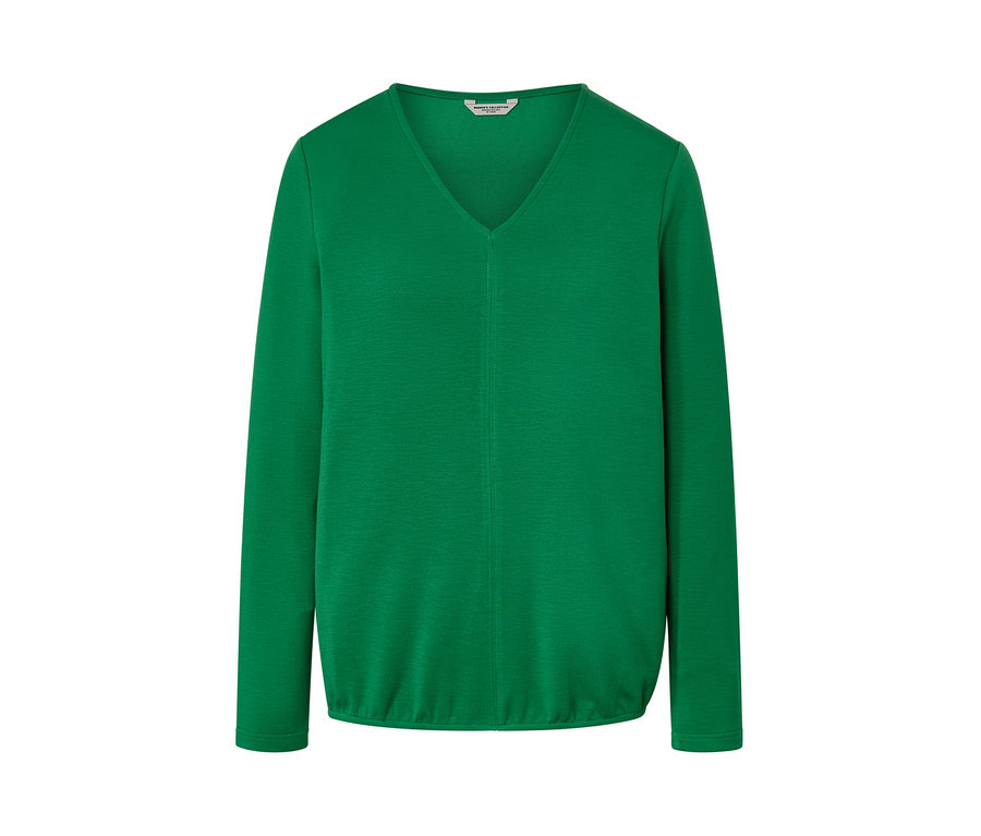 Zöld, hosszú ujjú, V-nyakú pólóblúz modálkeverékből.