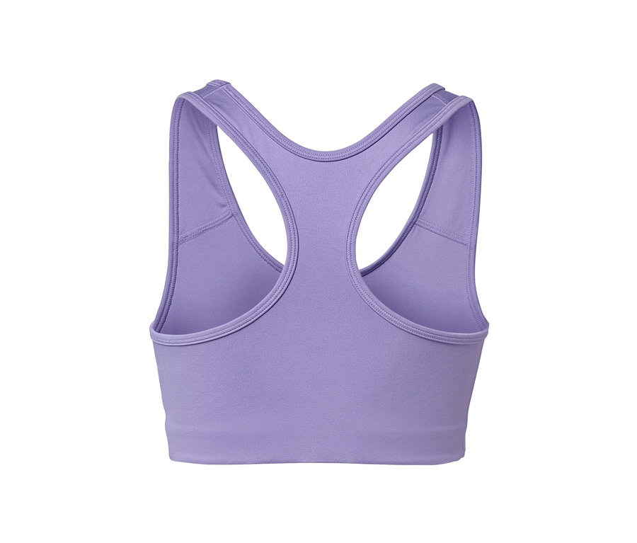 Egy lila sportmelltartó részlete egy 2 darabos szettből, racerback hátrésszel.