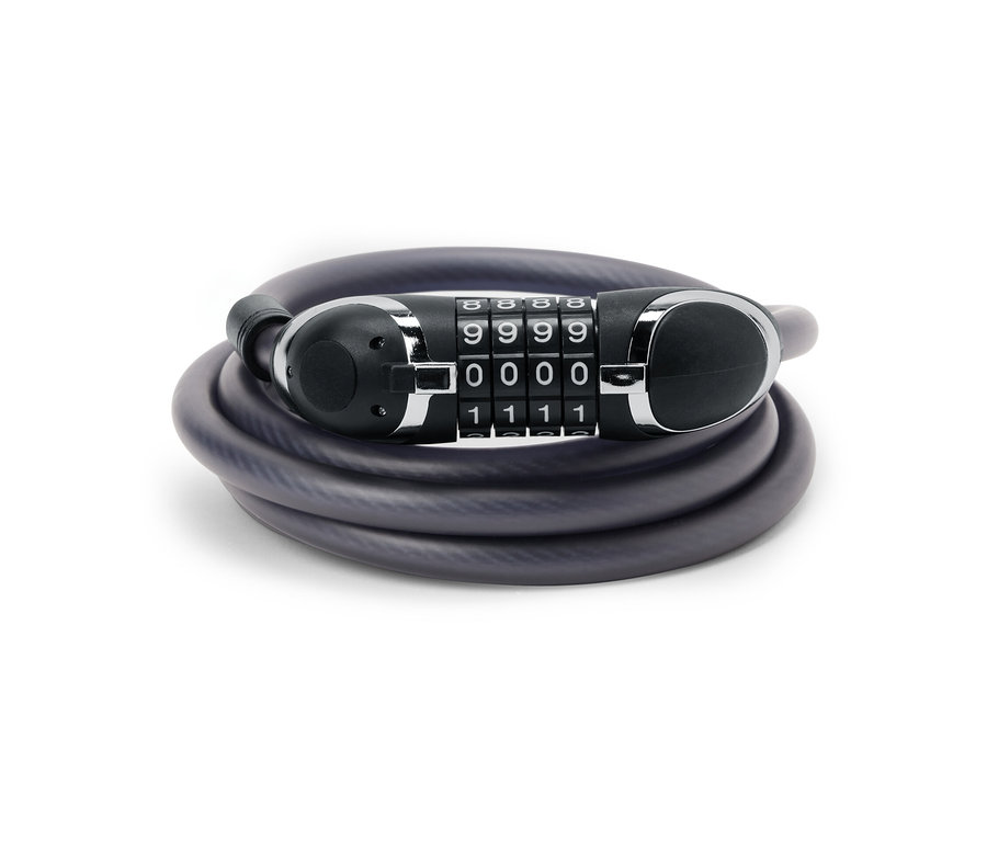 Egy feltekert, extra hosszú, univerzális acél kábelzár.