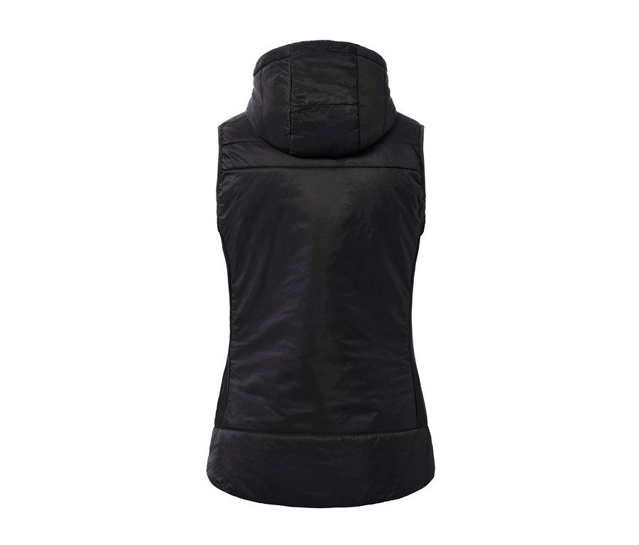 Hátulnézet egy fekete női steppelt mellényről, összehajtható.