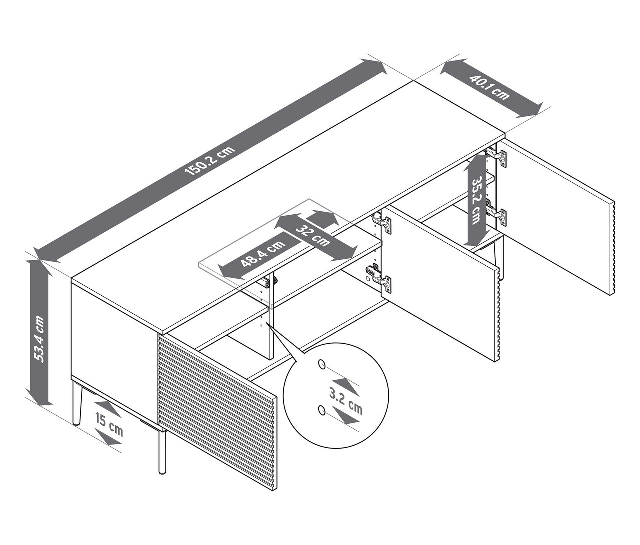Egy »REET« típusú, lamellás megjelenésű tévéállvány illusztrációja méretekkel.