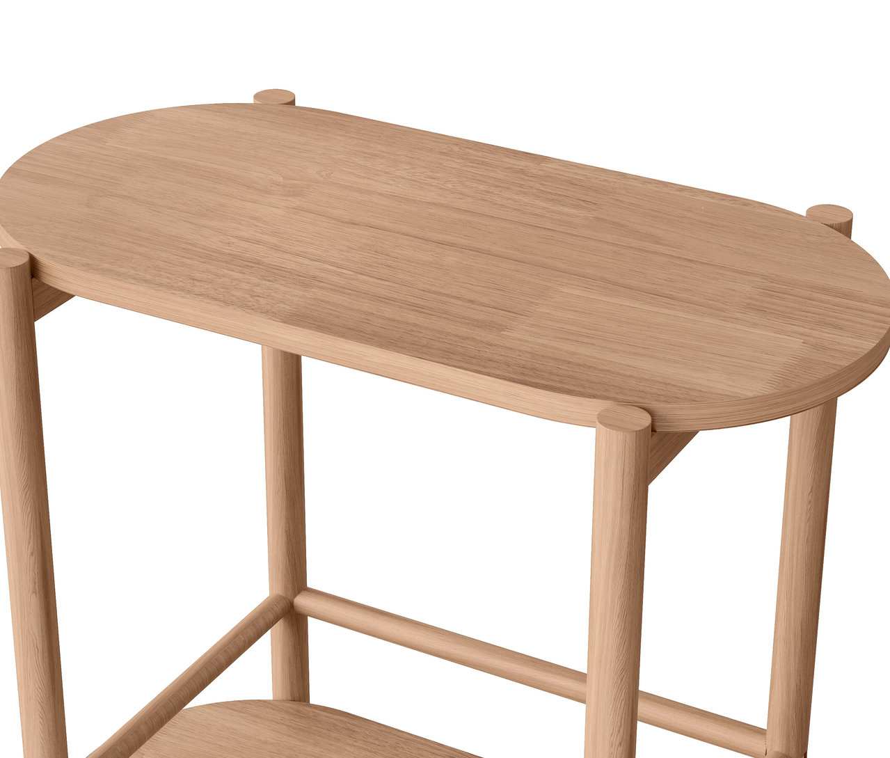 Egy kétszintes, lekerekített sarkokkal rendelkező faasztal részlete.