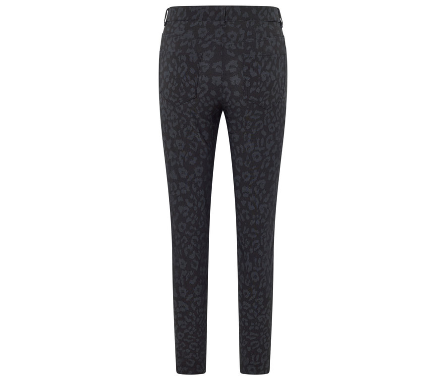 Fekete, állatmintás nadrág hátulnézetből.