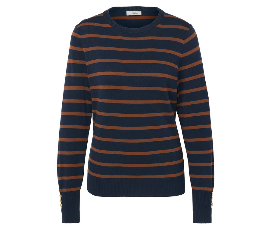 Kék pulóver barna csíkokkal.