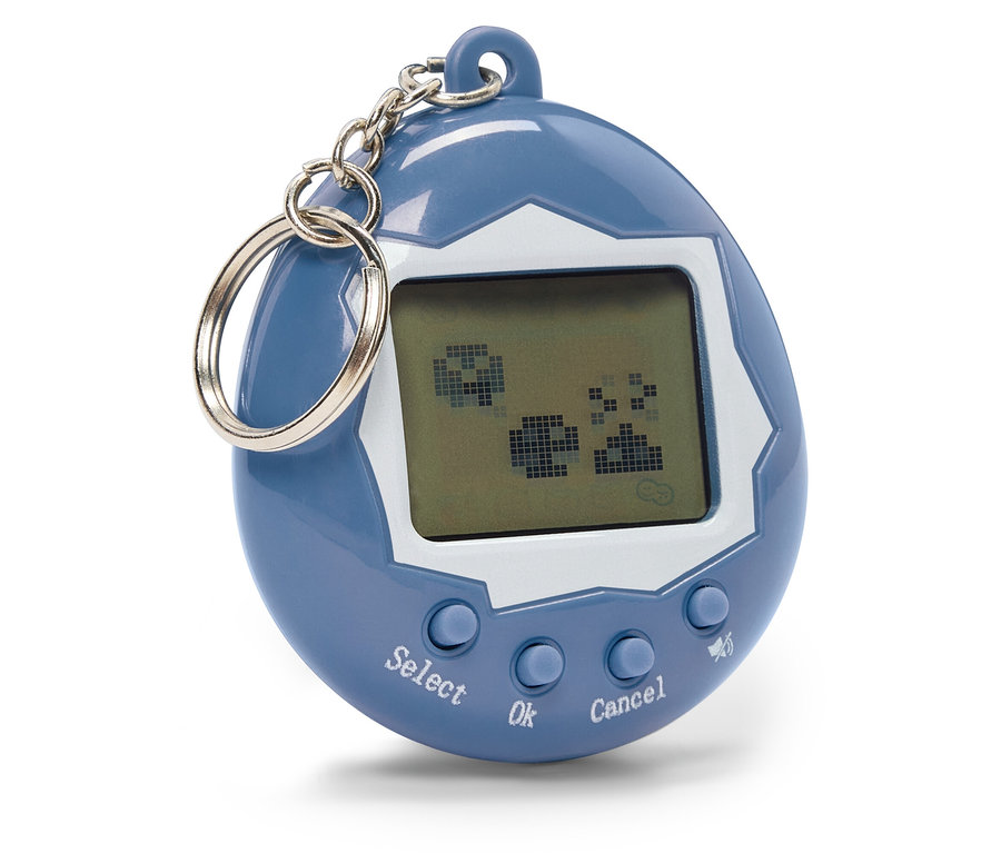 Kék Tamagotchi játék pixelgrafikával a képernyőn, Select, OK és Cancel gombokkal.