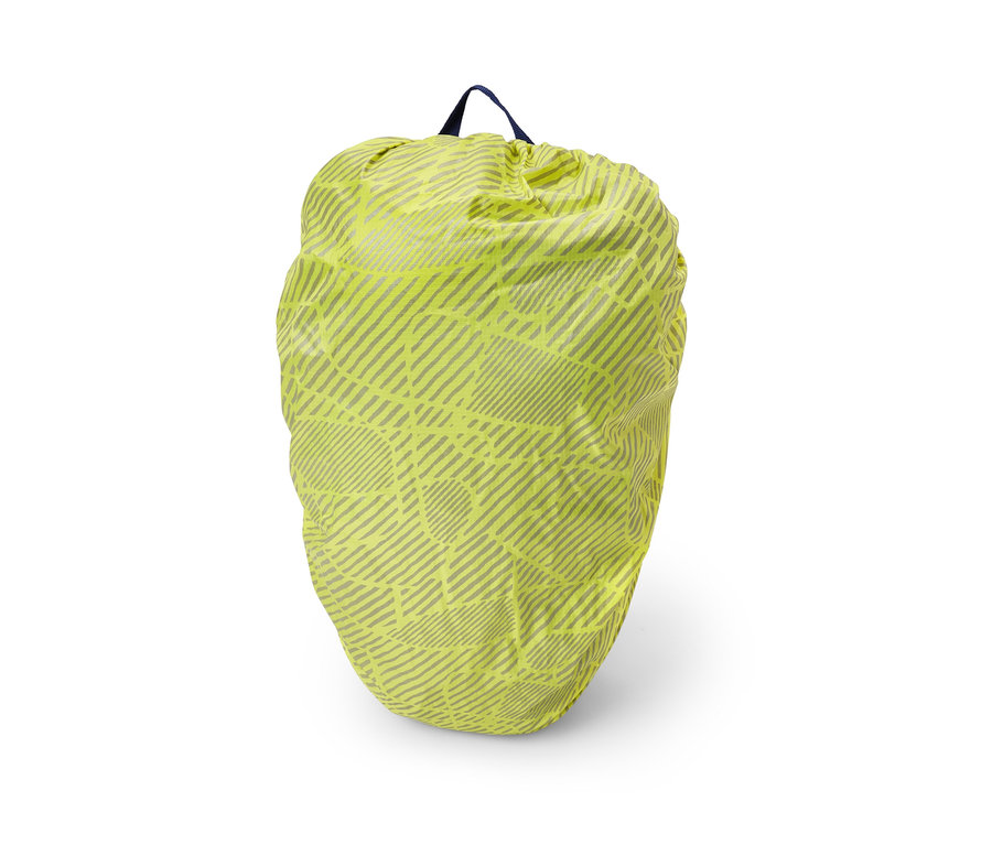 Sárga hátizsák védőhuzat szürke, geometrikus mintával.