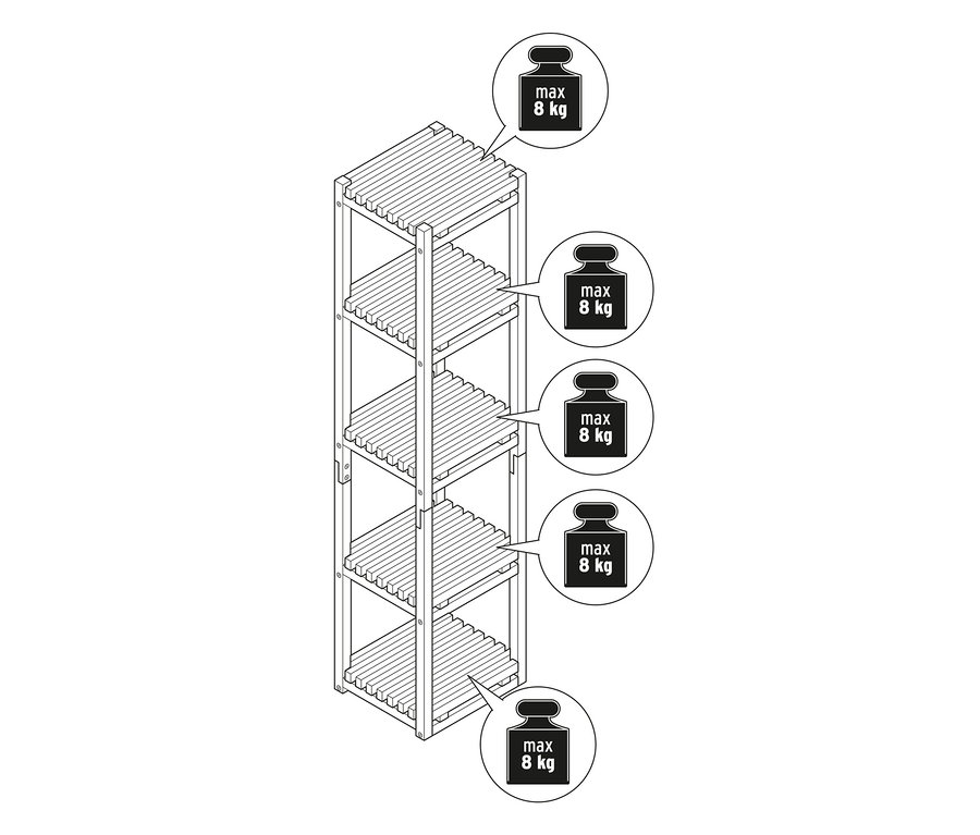 Állópolc, keskeny, fa illusztrációja, négy polccal, amelyek mindegyike maximum 8 kg-mal terhelhető.