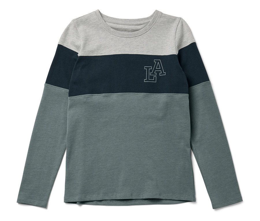 Háromszínű, hosszú ujjú póló szürke felsőrésszel, sötétkék középrésszel és szürkészöld alsórésszel, valamint LA logóval.