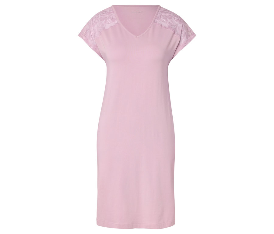 Rózsaszín hálóing V-nyakkivágással és csipke ujjal.