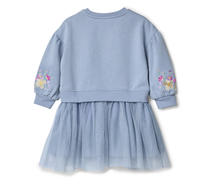 Világoskék ruha tüllszoknyával és virághímzéssel az ujján.