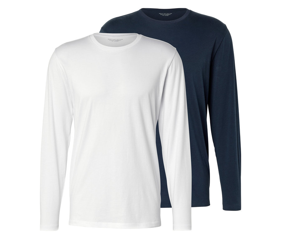 Két hosszú ujjú póló, egy fehér és egy tengerészkék, egymáson fekszik.