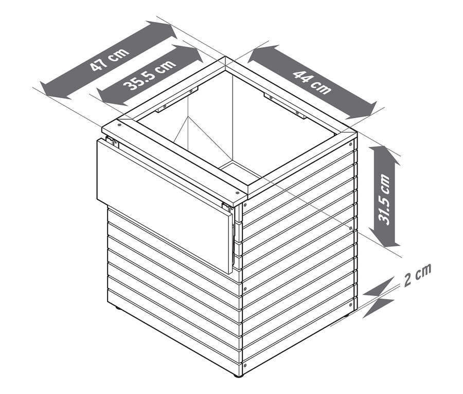 Kép egy »Tinus« ültetőládáról felhajtható asztallappal, méretekkel.