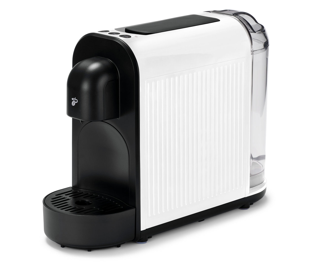 A fehér Cafissimo now white kávéfőző egy fehér felületen áll.