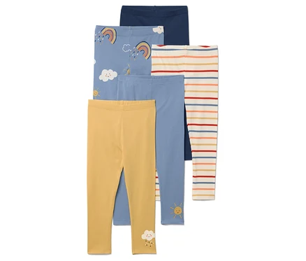 Öt különböző színű és mintázatú leggings van egymásra rakva.