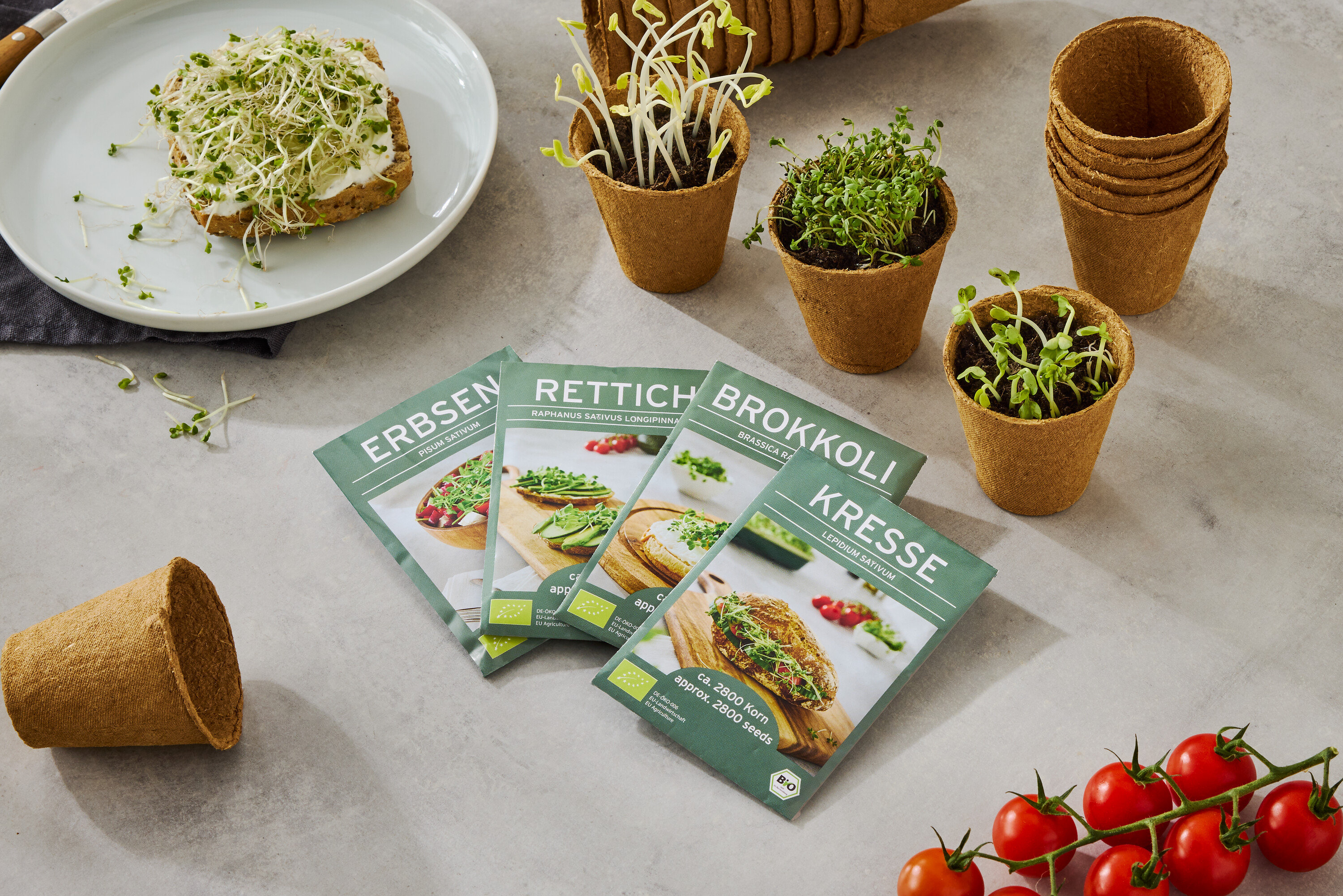 Egy tányér csírákkal borított kenyérrel, valamint négy magos dobozzal (borsó, retek, brokkoli, zsázsa), kis cserepekkel növekvő csírákkal és egy paradicsomágazattal.