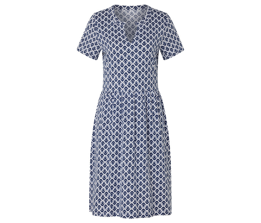 Egy kék-fehér, V-nyakú, rövid ujjú ruha.