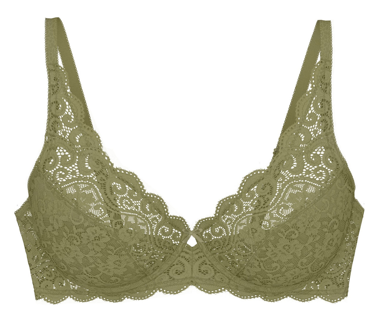 Triumph Amourette W melltartó olívaarany színben, csipkéből, hullámos szegéllyel és vékony pántokkal.