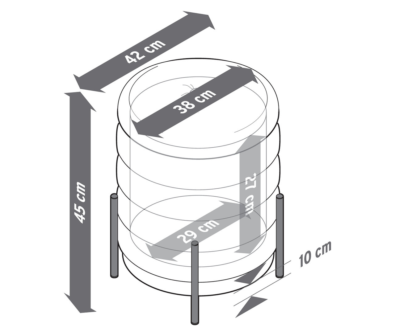 Ábra egy ülőkéről tárolóhellyel, méretei 42 cm széles, 45 cm magas és 38 cm átmérőjű.