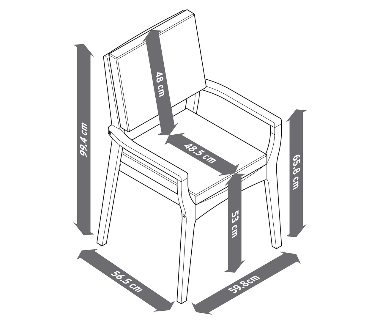 Egy egymásra rakható teak kerti szék ábrája méretekkel.