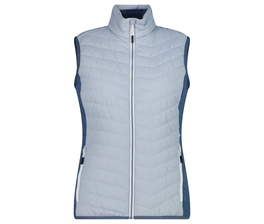 Egy világoskék, steppelt mellény, elöl végig cipzárral.