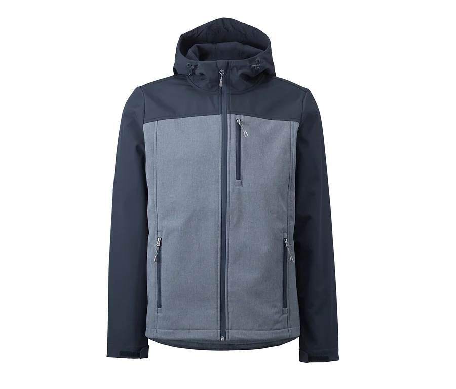 Szürke softshell kabát sötétkék vállakkal és kapucnival.