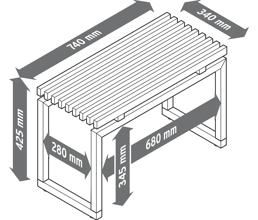 Fürdőszobai pad, tölgy, 740 mm hosszú, 340 mm széles és 425 mm magas, további méretekkel.