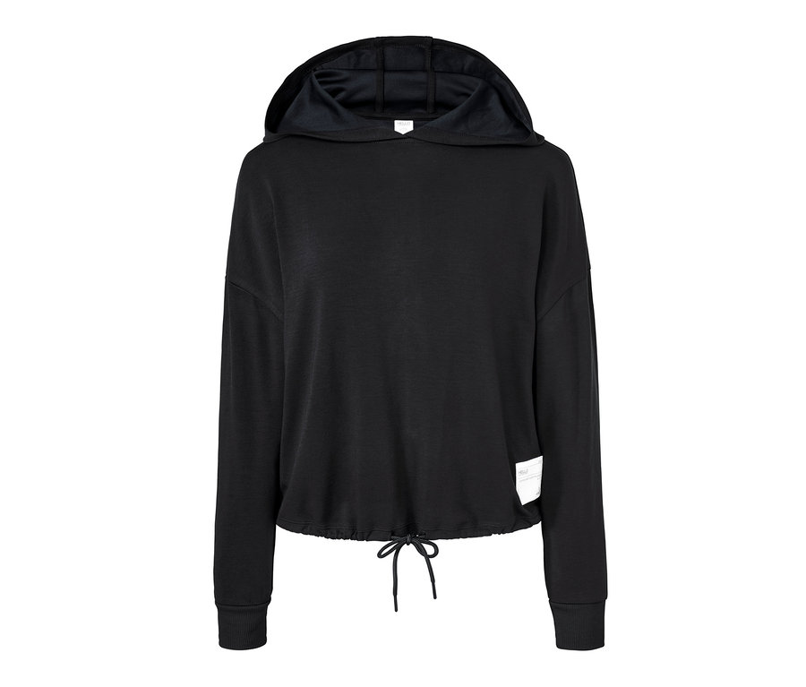 Fekete, kapucnis, húzózsinóros Női lezser felső.