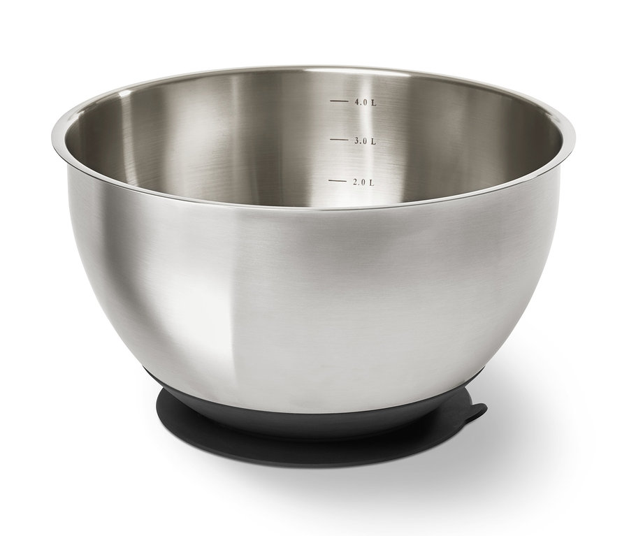 Egy nemesacél keverőtál fekete talppal.