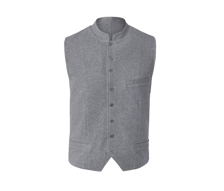Szürke, gombos, zsebes férfi mellény.