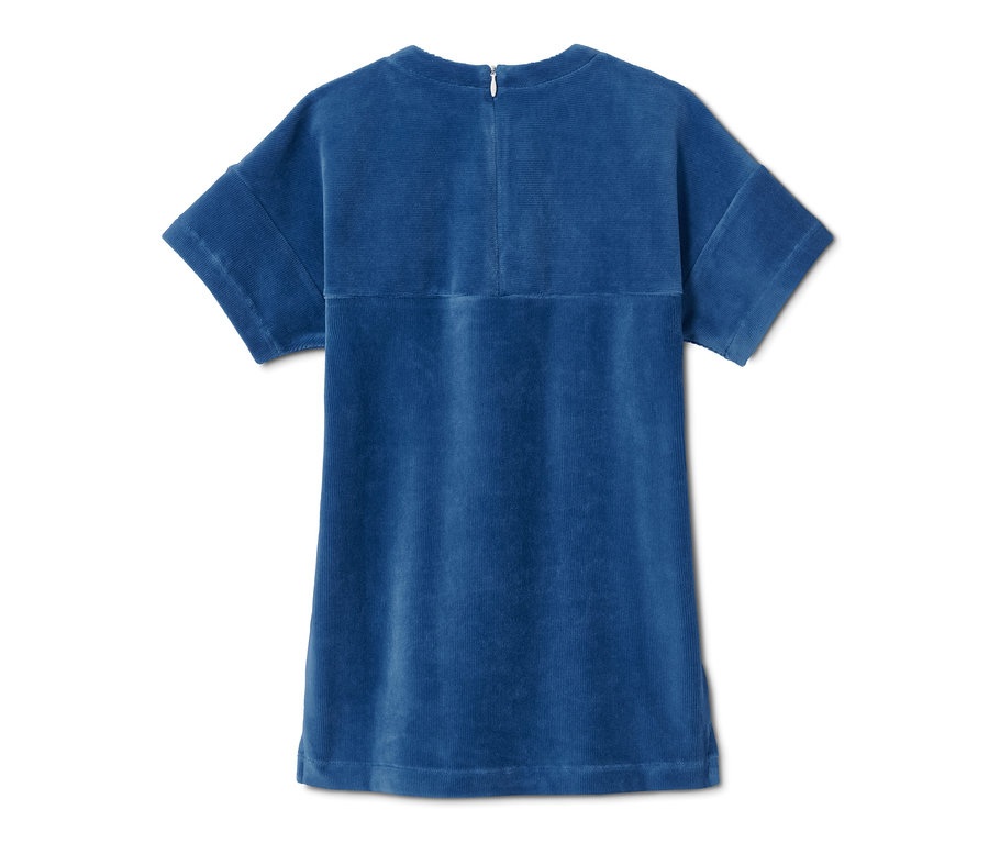 Kék, rövid ujjú kordbársony ruha.