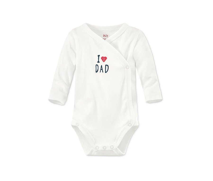 Fehér, hosszú ujjú bio pamut body „I love Dad“ felirattal.