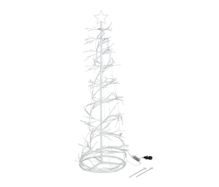 Egy LED-es spirál fa csillaggal a tetején és tápkábellel.