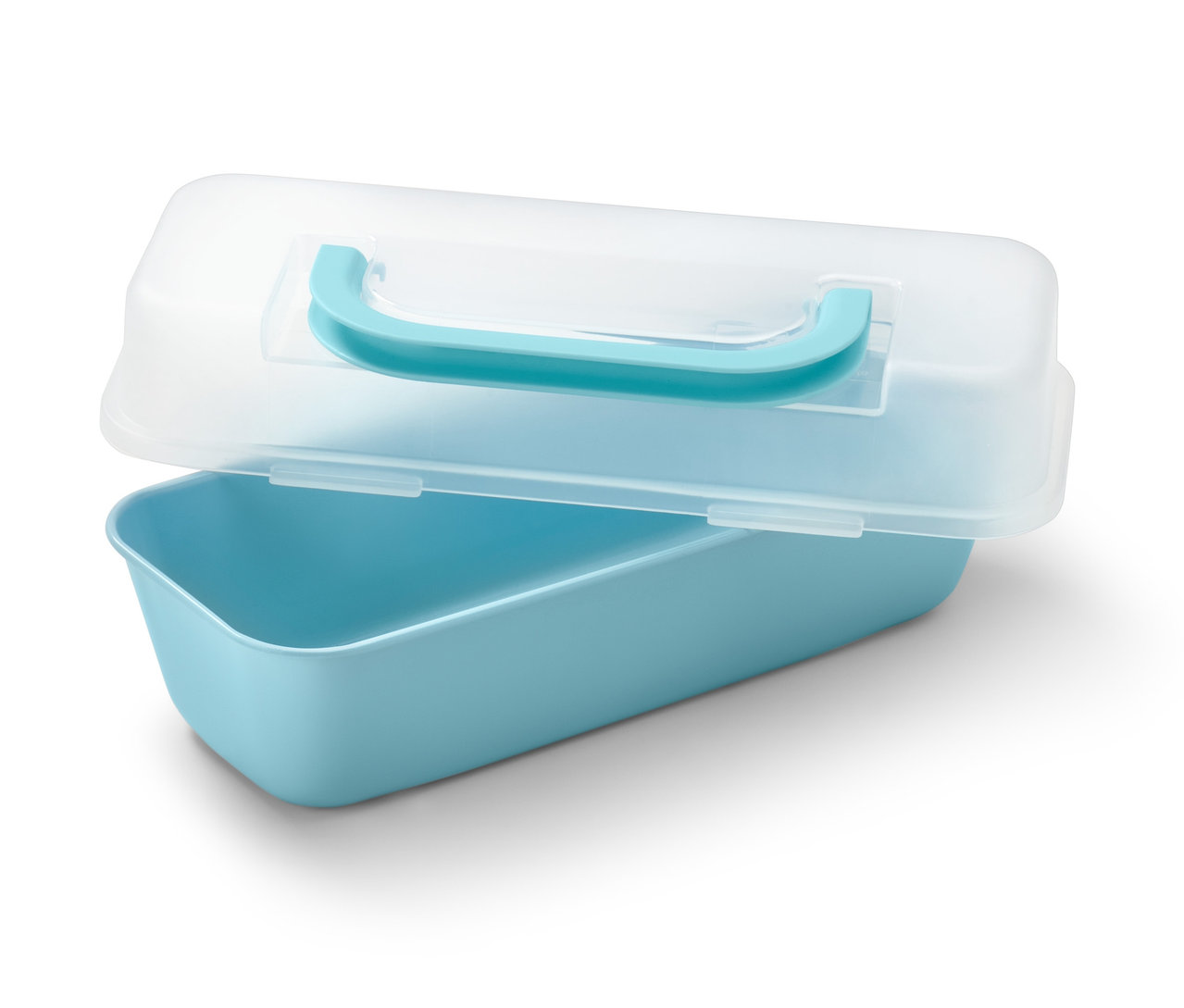 Egy kék, fedeles sütőforma átlátszó tetővel és türkiz fogantyúval.