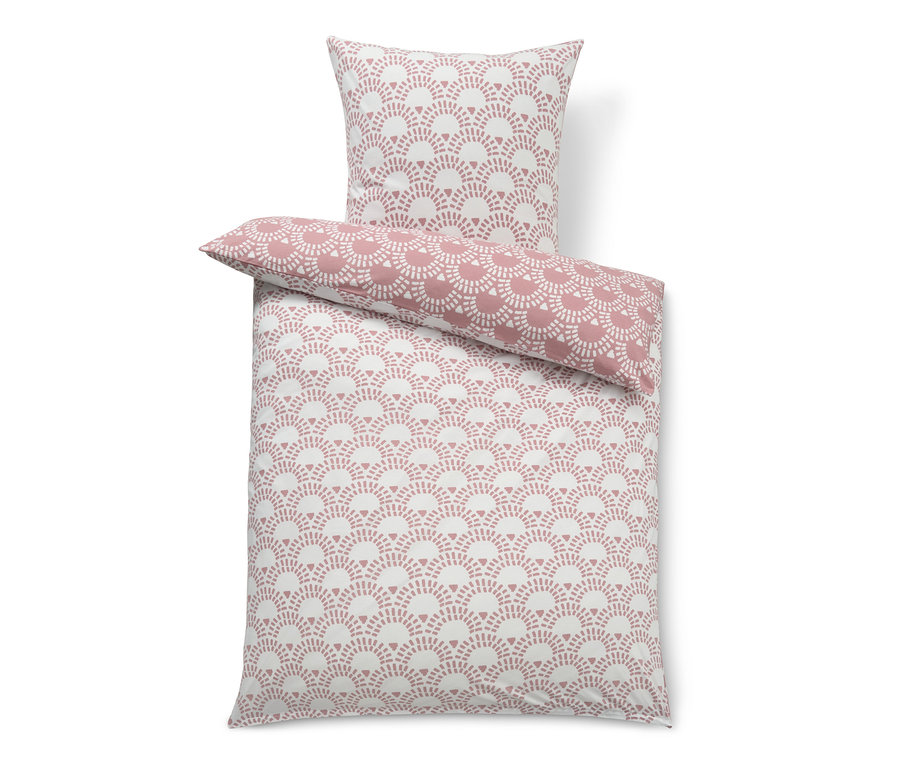 Rózsaszín, normál méretű jersey ágynemű, geometrikus mintával.