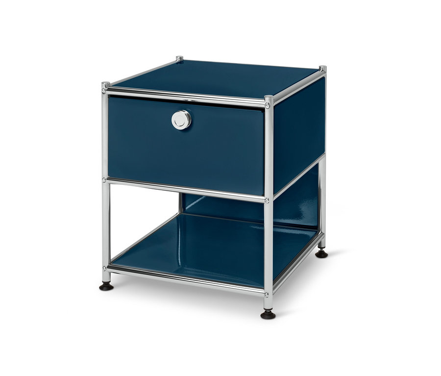 Kék fém éjjeliszekrény, 1 fiókkal.