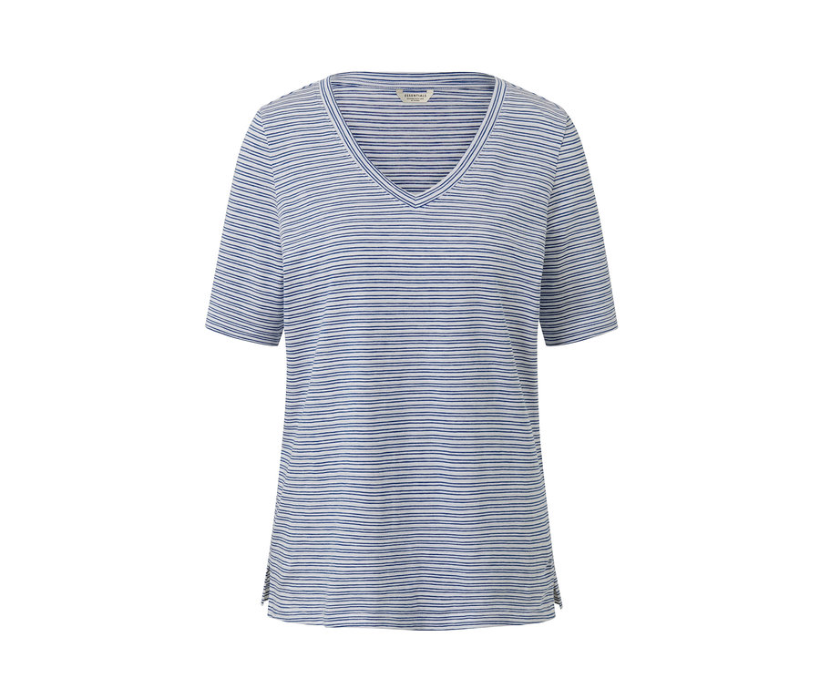 Csíkos, rövid ujjú, V-nyakú női felső.