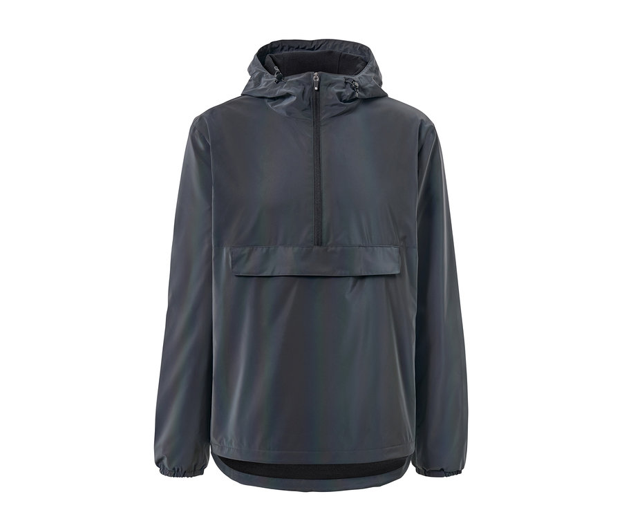 Szürke, szivárványszínű fényvisszaverő széldzseki kapucnival és kenguru zsebbel.