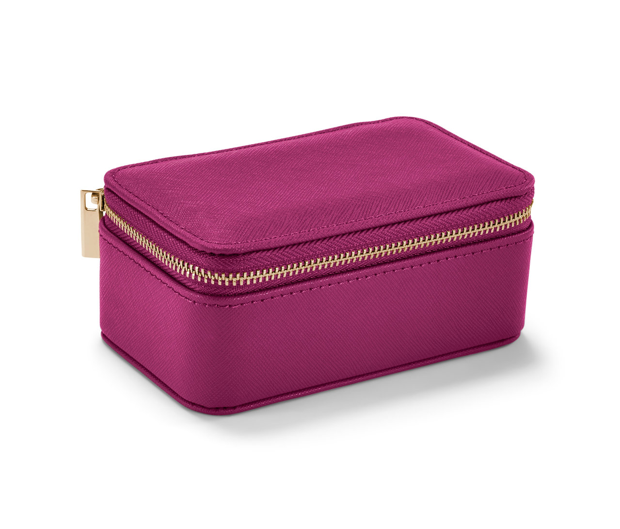 Egy kis, rózsaszín ékszertartó doboz arany cipzárral.