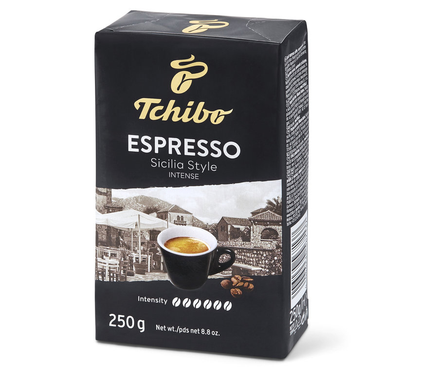 Egy csomag Tchibo Espresso Sicilia Style 250g őrölt, pörkölt kávé.