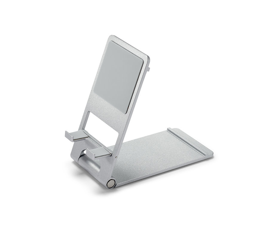 Ezüst színű okostelefon- és táblagéptartó.
